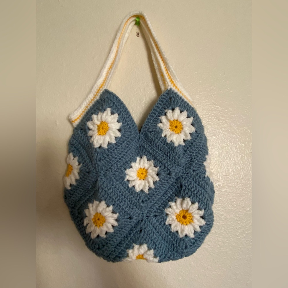 Handmade Blue Crochet Daisy Bag